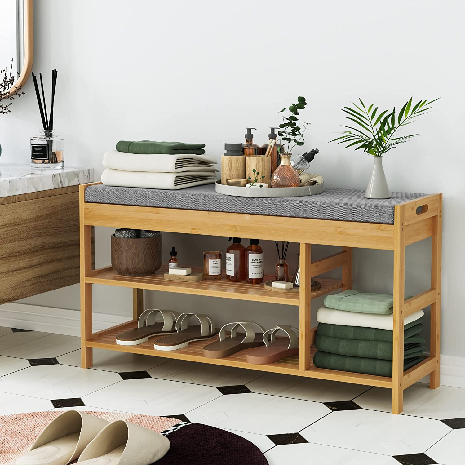 Homfa Shoes Bench with Cushioned Seat, Entryway Shoes Rack Bed End Stool with Storage Shelves, Natural (up to 7 Shoes)